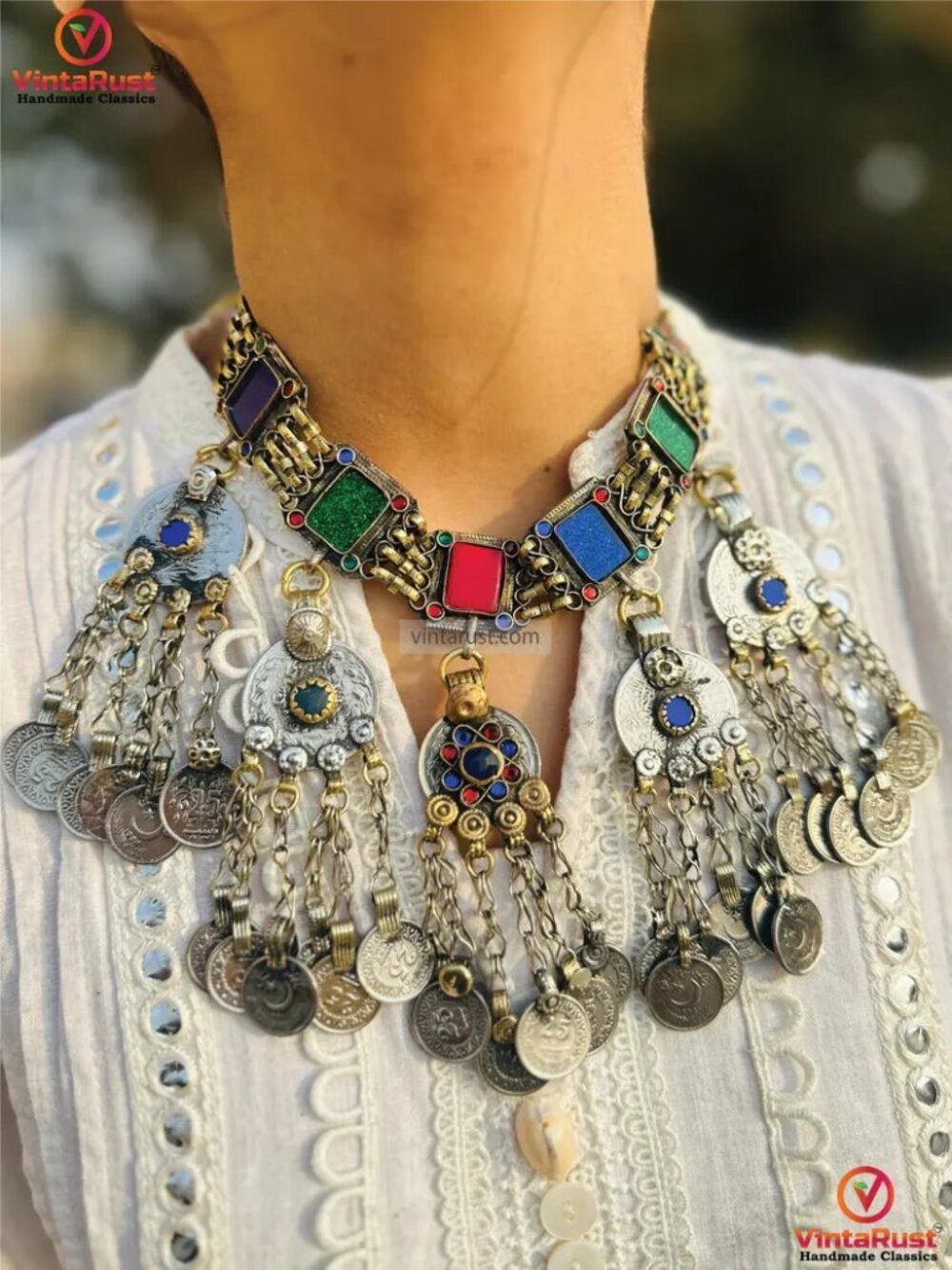 Boho Statement Necklace, Multicolor Gypsy Coins, Rustic Ethnic Jewelry